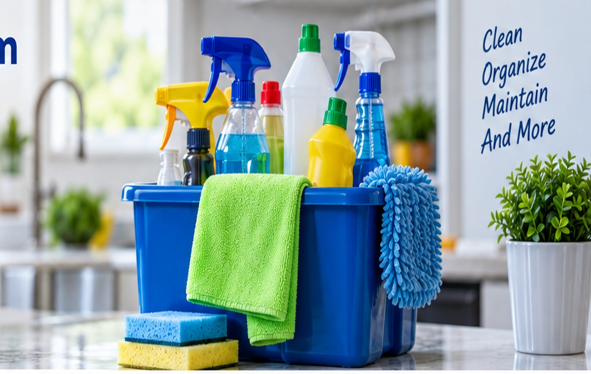 Professional cleaning supplies arranged in a clean home